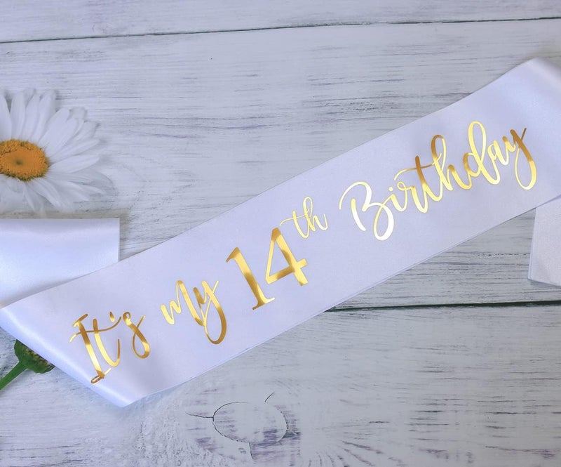 Docooniver It's my 14th Birthday Sash for Girls and Boys,Happy 14th Birthday Sash for Kids,White with Gold Foil Lettering. - Image 2